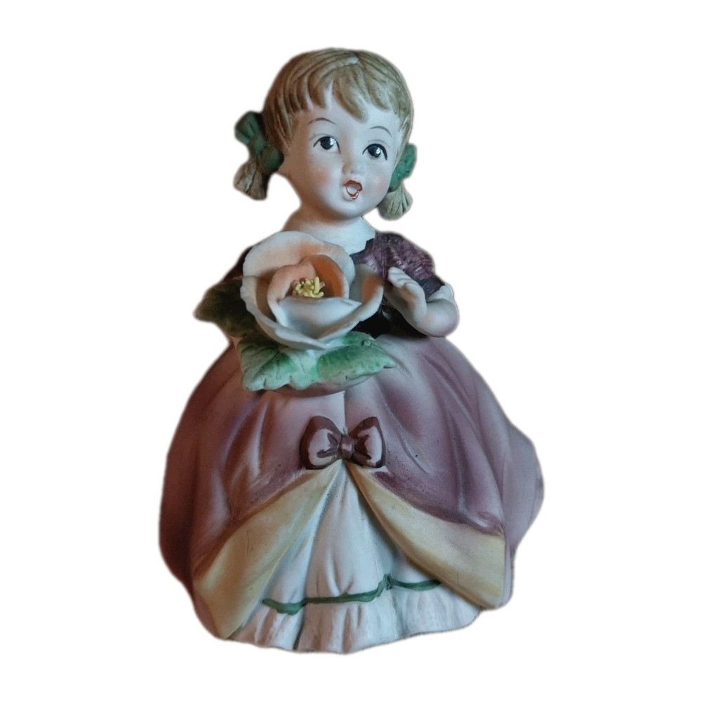 Vintage Lefton Girl Figurine Pigtails Maroon Dress With Flowers Japan KW6528 MCM